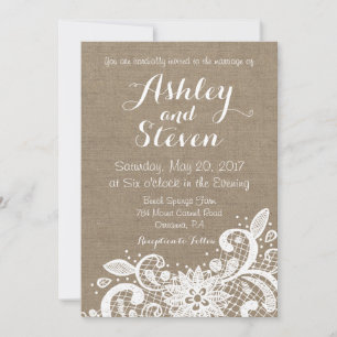 Invitation Rustic wedding Invite with lace over burlap