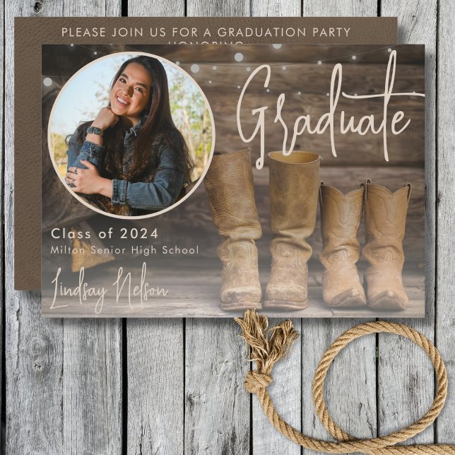 Invitation Rustic Western Grange & Cowboy Boot Photo Graduati (Rustic Western Barn & Cowboy Boot Photo Graduation Invitation)