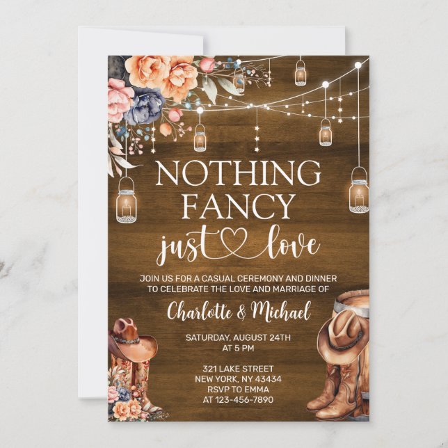 Invitation Rustic Western Nothing Fancy Just Love Wedding (Devant)