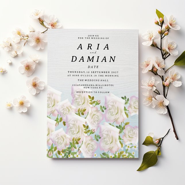 Invitation Rustic white wood pink mint roses Wedding (Rustic white wood pink mint roses Wedding )