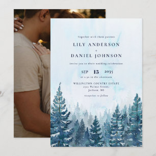 Invitation Rustic Winter Watercolor Pine Forest Photo Mariage