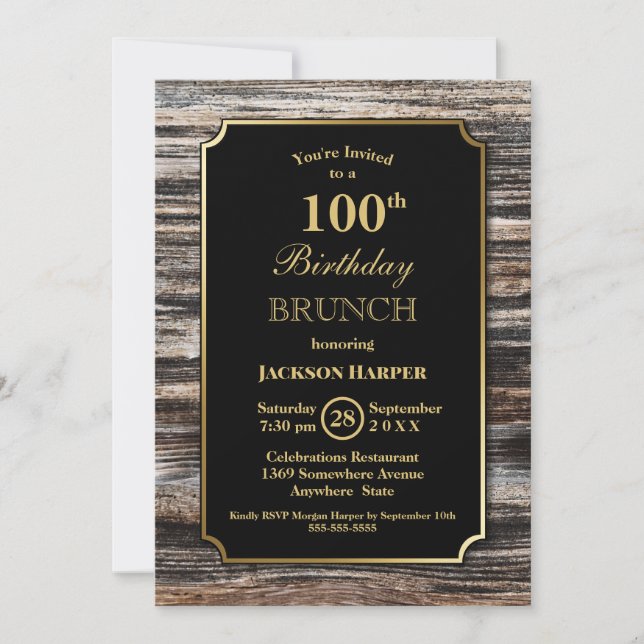 Invitation Rustic Wood 100e fête de brunch d'anniversaire (Devant)