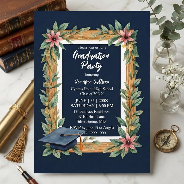 Invitation Rustic Wood and Navy Blue Floral Photo Graduation (Créateur téléchargé)