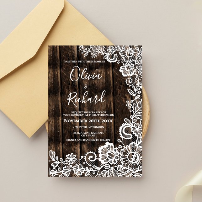 Invitation Rustic Wood and White Lace Floral Wedding (Rustic Wood and White Lace Floral Wedding Invitation)