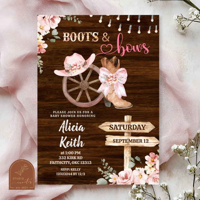 Invitation rustic wood background floral boots and bows (Créateur téléchargé)