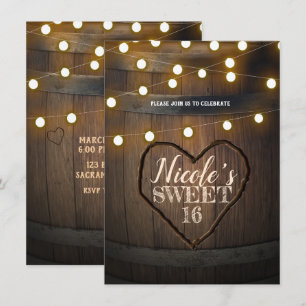 Invitation Rustic Wood Barrel Coeurs et lumières Fête d'anniv