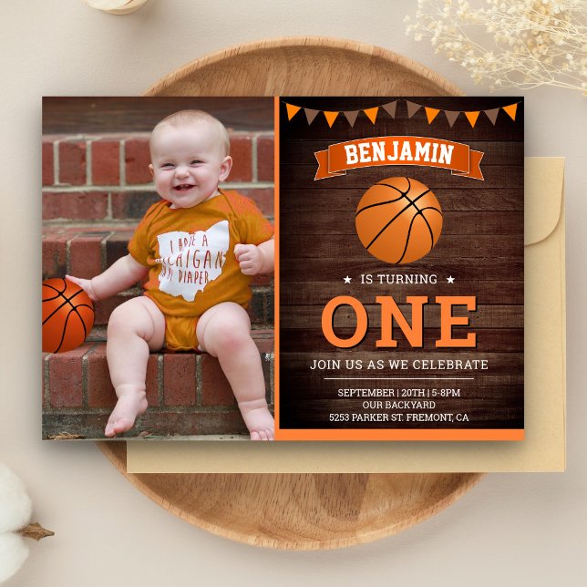 Invitation Rustic Wood Basketball Premier anniversaire de fêt (Créateur téléchargé)