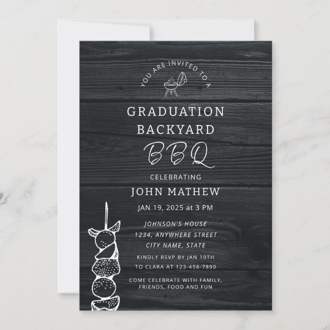 Invitation Rustic Wood Black BBQ Graduation Party (Devant)