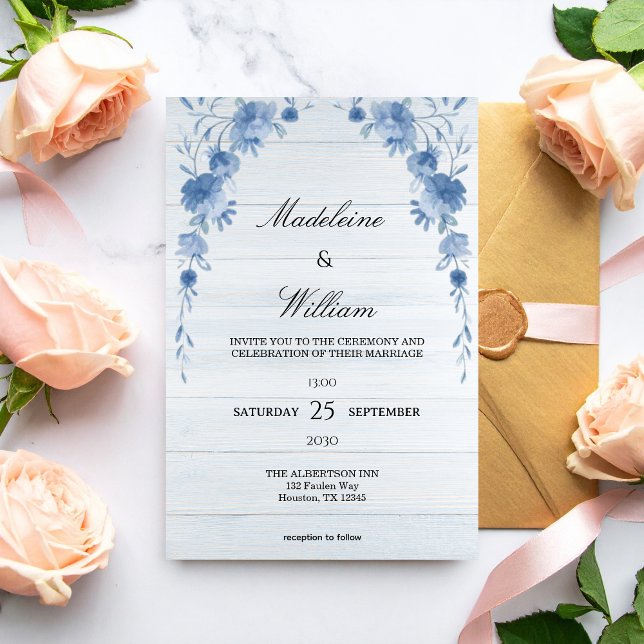 Invitation Rustic Wood  Blue Floral Elegant Wedding  (Créateur téléchargé)