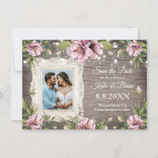 Invitation Rustic Wood Blush rose floral photo Enregistrer la