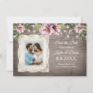 Invitation Rustic Wood Blush rose floral photo Enregistrer la