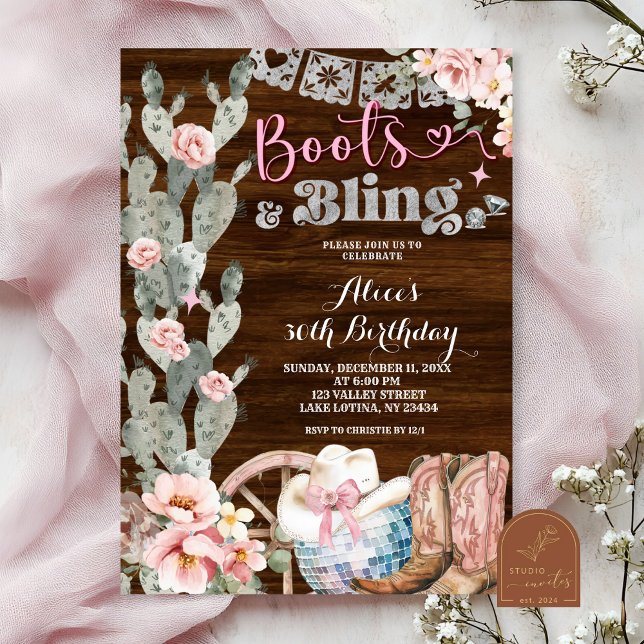 Invitation Rustic Wood Boots and Bling Birthday (Créateur téléchargé)