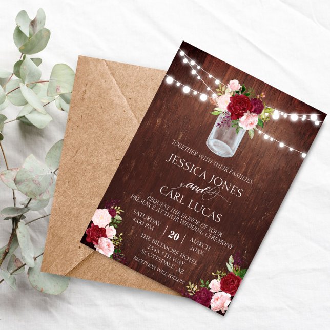 Invitation Rustic Wood Burgundy Blush Pink Rose Mason Jar (Créateur téléchargé)
