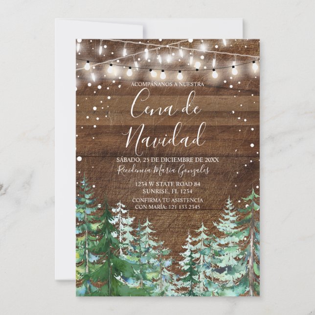 Invitation Rustic Wood Cena De Navidad Pine Trees Christmas (Devant)