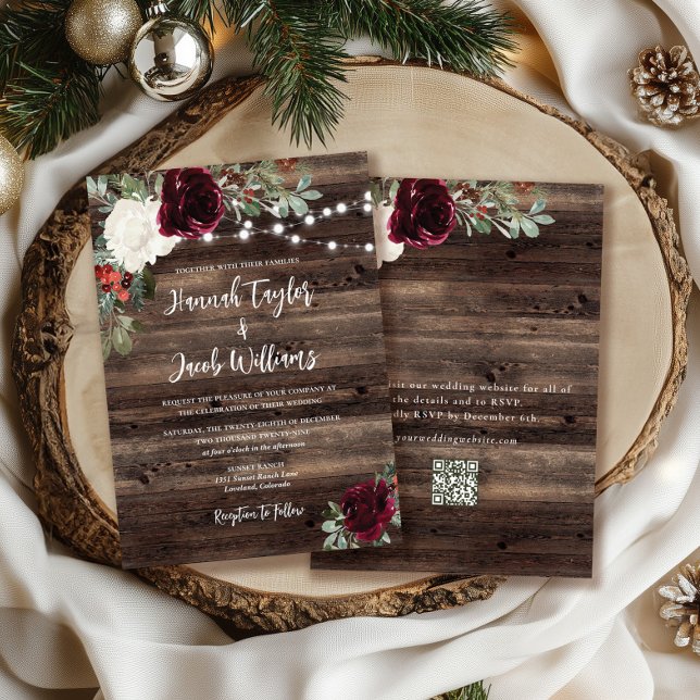 Invitation Rustic Wood Christmas QR Code Mariage (Créateur téléchargé)
