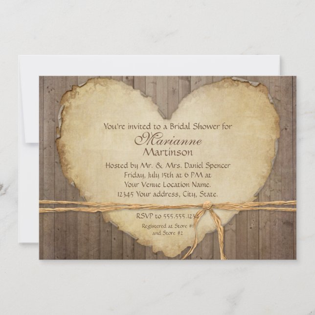 Invitation Rustic Wood Country Fête des mariées de coeur de f (Devant)