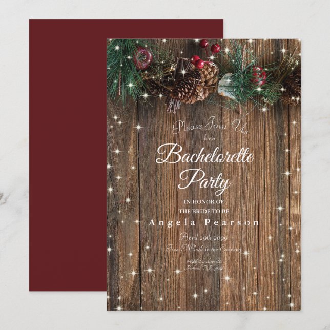 Invitation Rustic Wood Country Pine de Noël Garland Étincelle (Devant / Derrière)