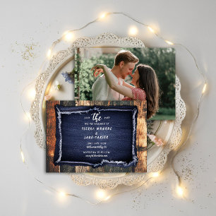 Invitation Rustic Wood Denim Mariage photo Décontracté Date d