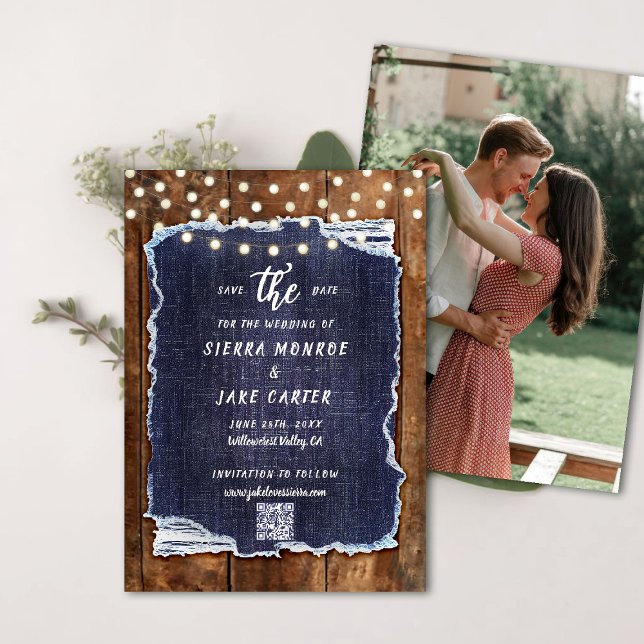 Invitation Rustic Wood Denim QR Code Photo Mariage Date de sa (rustic wedding save the date cowboy barn wood denim string lights ranch country western qr code)