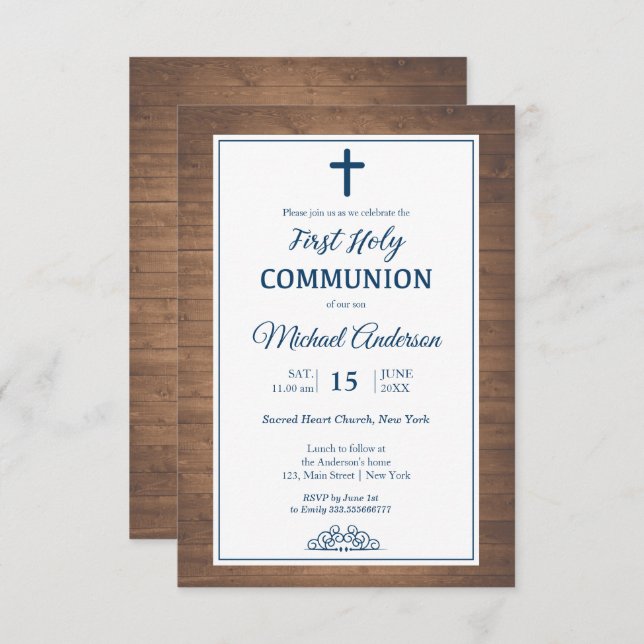 Invitation Rustic Wood First Communion Événement religieux (Devant / Derrière)
