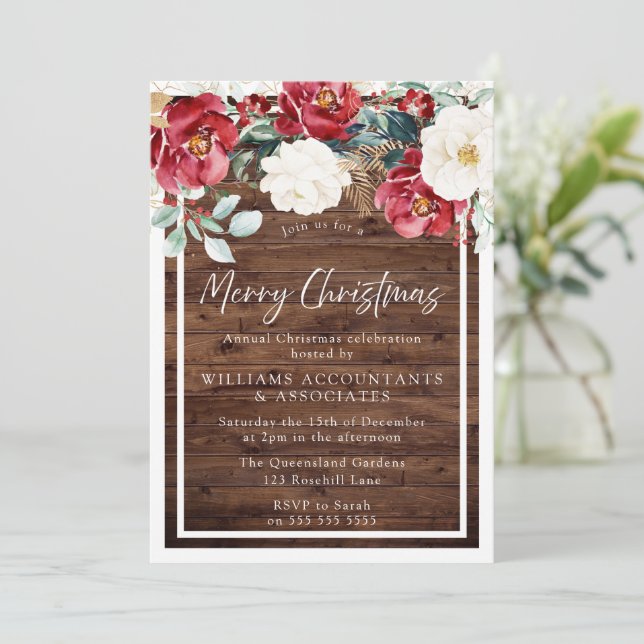 Invitation Rustic Wood Floral Jolly Joyeux Noël fête (Debout devant)