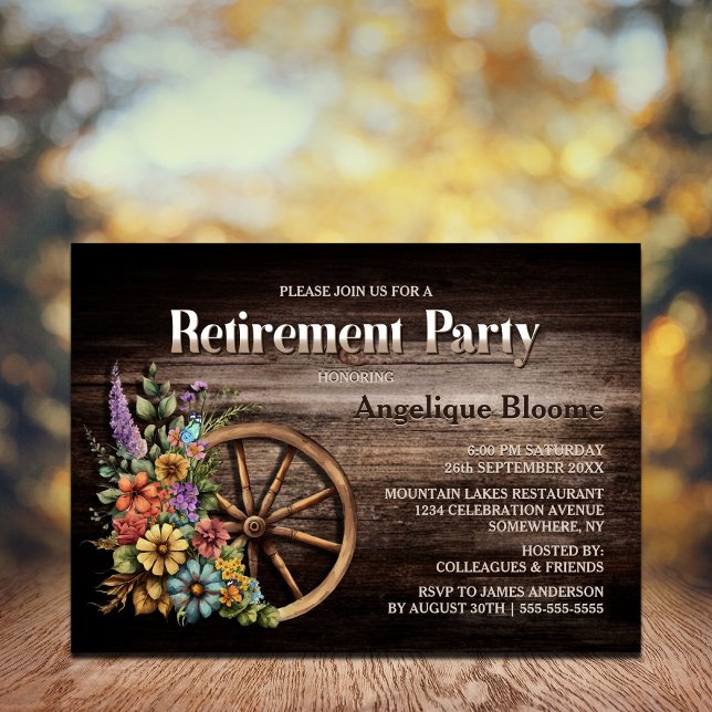 Invitation Rustic Wood Floral Wagon Wheel Retirement Party (Créateur téléchargé)