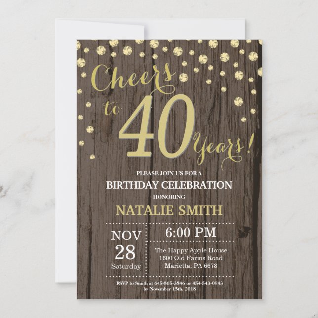 Invitation Rustic Wood Gold 40e Anniversaire Diamond (Devant)