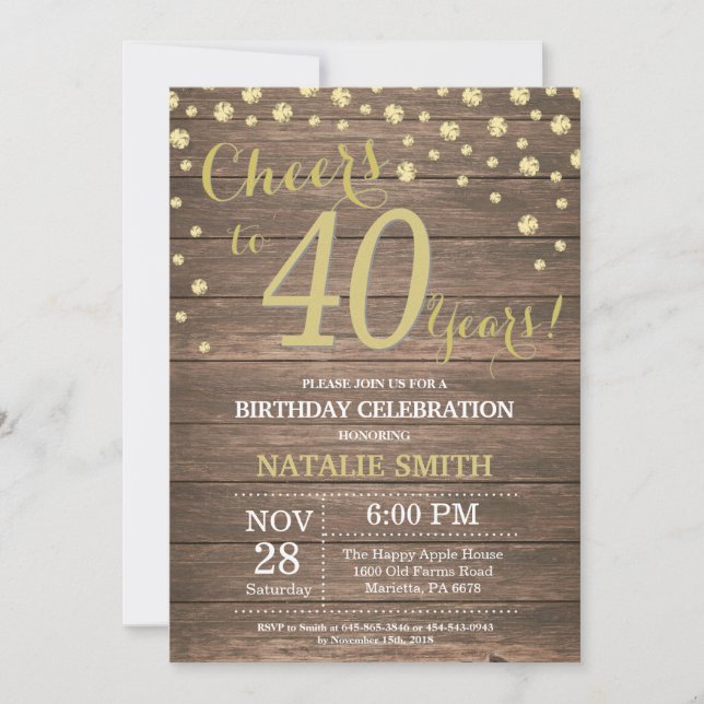 Invitation Rustic Wood Gold 40e Anniversaire Diamond (Devant)