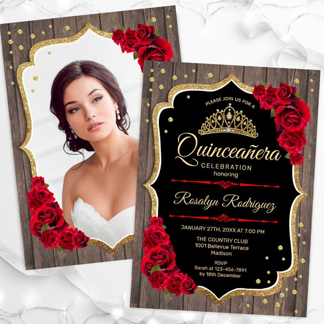 Invitation Rustic Wood Gold Red Photo Quinceanera (Créateur téléchargé)