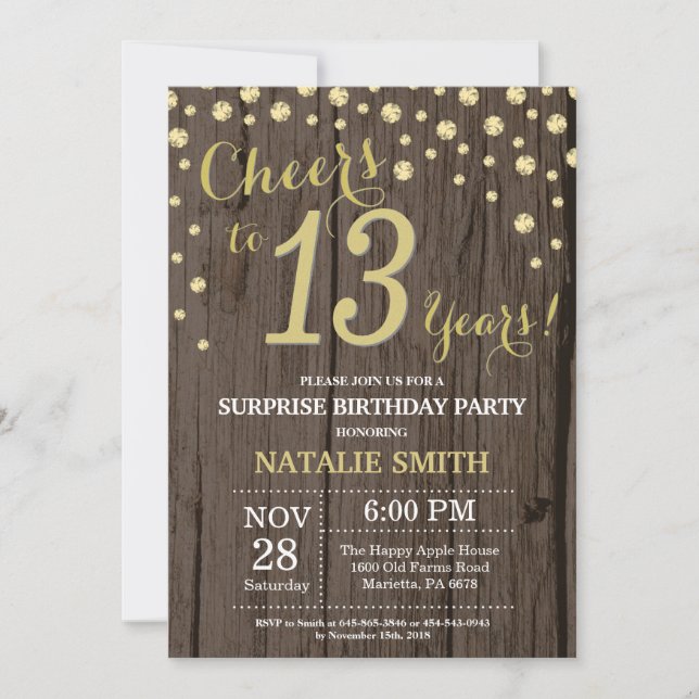 Invitation Rustic Wood Gold Surprise 13e Anniversaire Diamond (Devant)