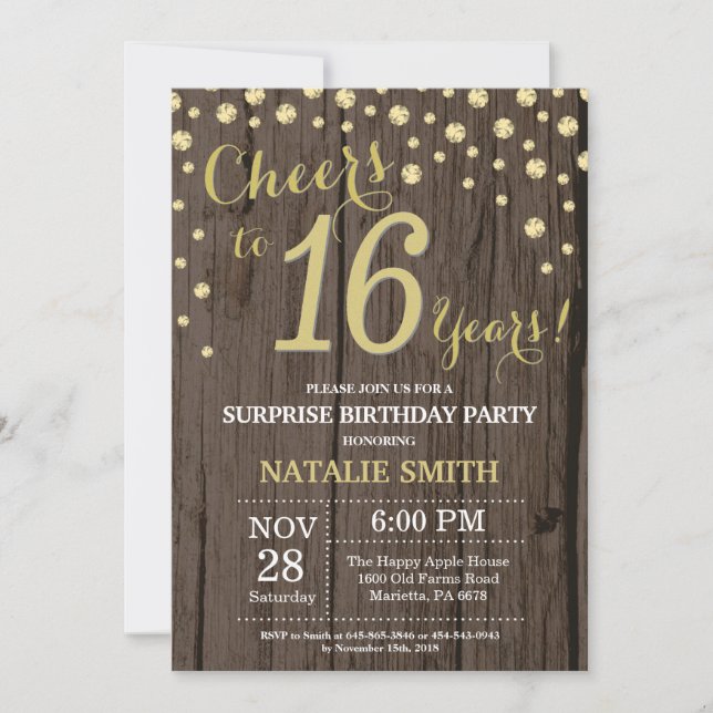 Invitation Rustic Wood Gold Surprise 16e Anniversaire Diamond (Devant)