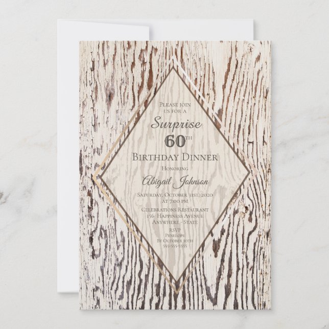 Invitation Rustic Wood Grain Surprise 60e anniversaire Dîner (Devant)