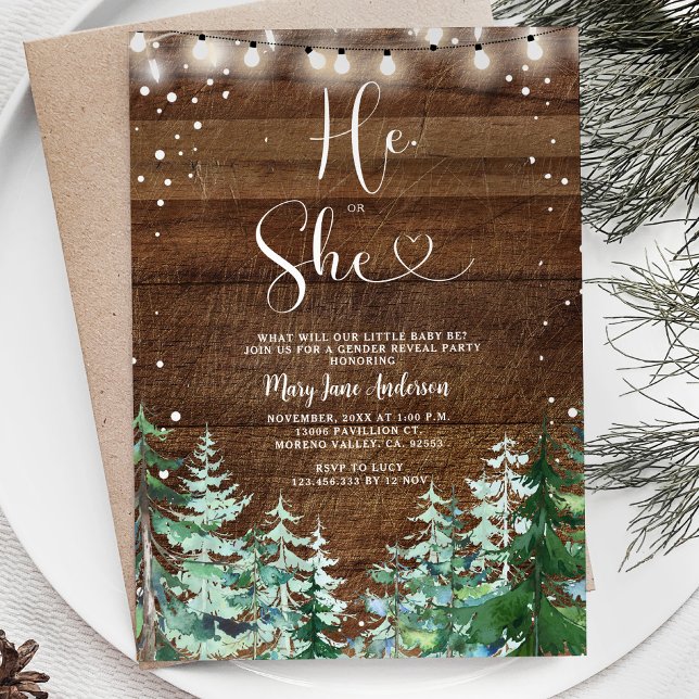 Invitation Rustic Wood He ou She Winter Sexe Revezvous (Créateur téléchargé)