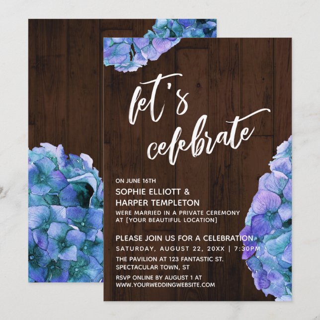 Invitation Rustic Wood Hydrangea Célébrons la réception (Devant / Derrière)