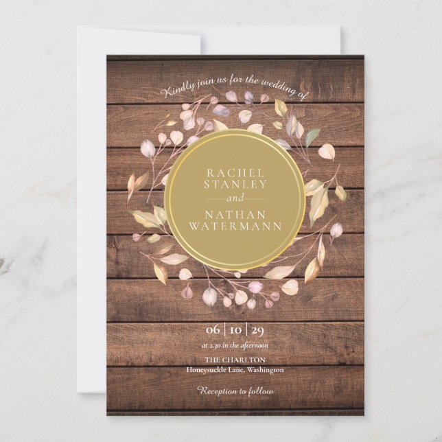Invitation Rustic Wood Laurel Garland Mariage d'or (Devant)