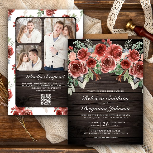 Invitation Rustic Wood Marsala Floral Photo QR Code Mariage (Créateur téléchargé)