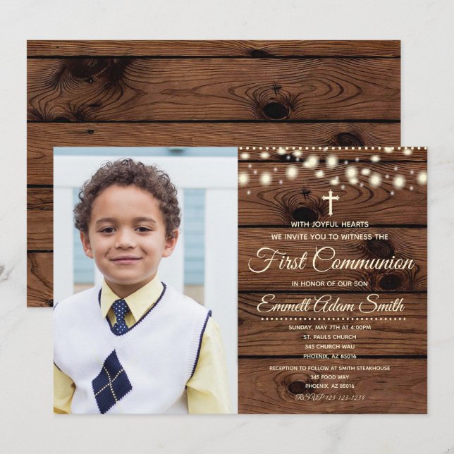 Invitation Rustic Wood Pays Première 1ère Communion Garçon Fi (Devant / Derrière)