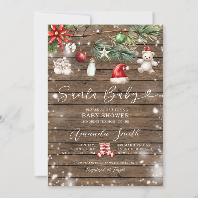 Invitation Rustic Wood Père Noël bébé Joyeux Baby shower de N (Devant)
