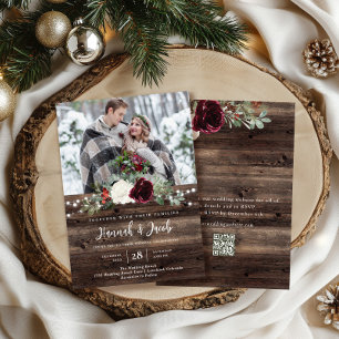 Invitation Rustic Wood QR Code Photo Mariage de Noël