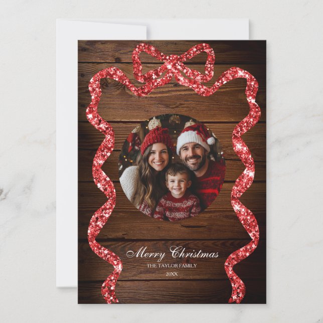 Invitation Rustic Wood Red Ribbon Photo Joyeux Noël (Devant)