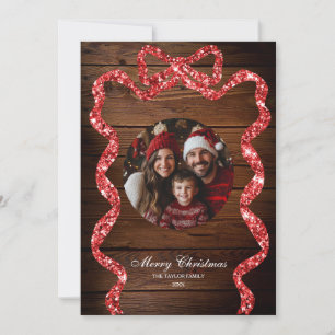 Invitation Rustic Wood Red Ribbon Photo Joyeux Noël