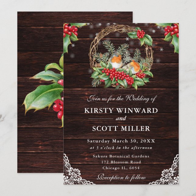 Invitation Rustic Wood Robin et Holly Christmas Mariage (Devant / Derrière)