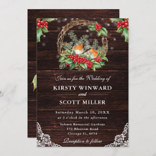 Invitation Rustic Wood Robin et Holly Christmas Mariage