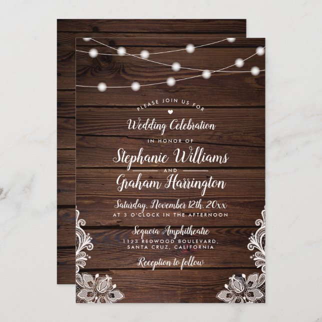 Invitation Rustic Wood Script String Lights & Lace Wedding (Devant / Derrière)