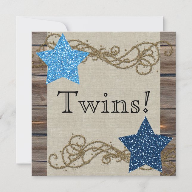 Invitation Rustic Wood Stars Twin Boy Baby shower (Devant)