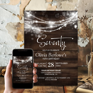 Invitation Rustic Wood String Lights 70e fête d'anniversaire