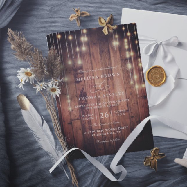 Invitation Rustic Wood String Lights Elegant QR Code Wedding (Créateur téléchargé)