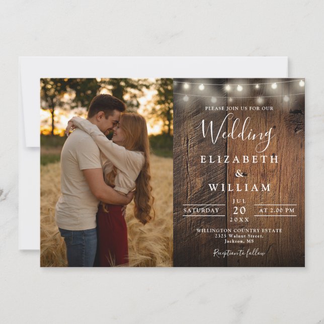 Invitation Rustic Wood String Lights Photo QR code Wedding (Devant)