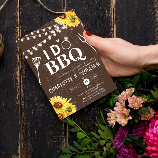 Invitation Rustic Wood Sunflower I Do BBQ Engagement Party (Rustic Wood Sunflower I Do BBQ Engagement Party Invitation country wedding grill wooden floral flowe)