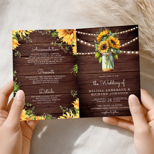 Invitation Rustic Wood Sunflowers Mason Jar QR Code Wedding (Créateur téléchargé)